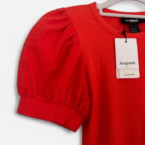 Desigual Coral Ribbed Knit Puff-Sleeve Mini Dress – Artsy Euro-Girl Chic M NWT - Picture 5 of 8